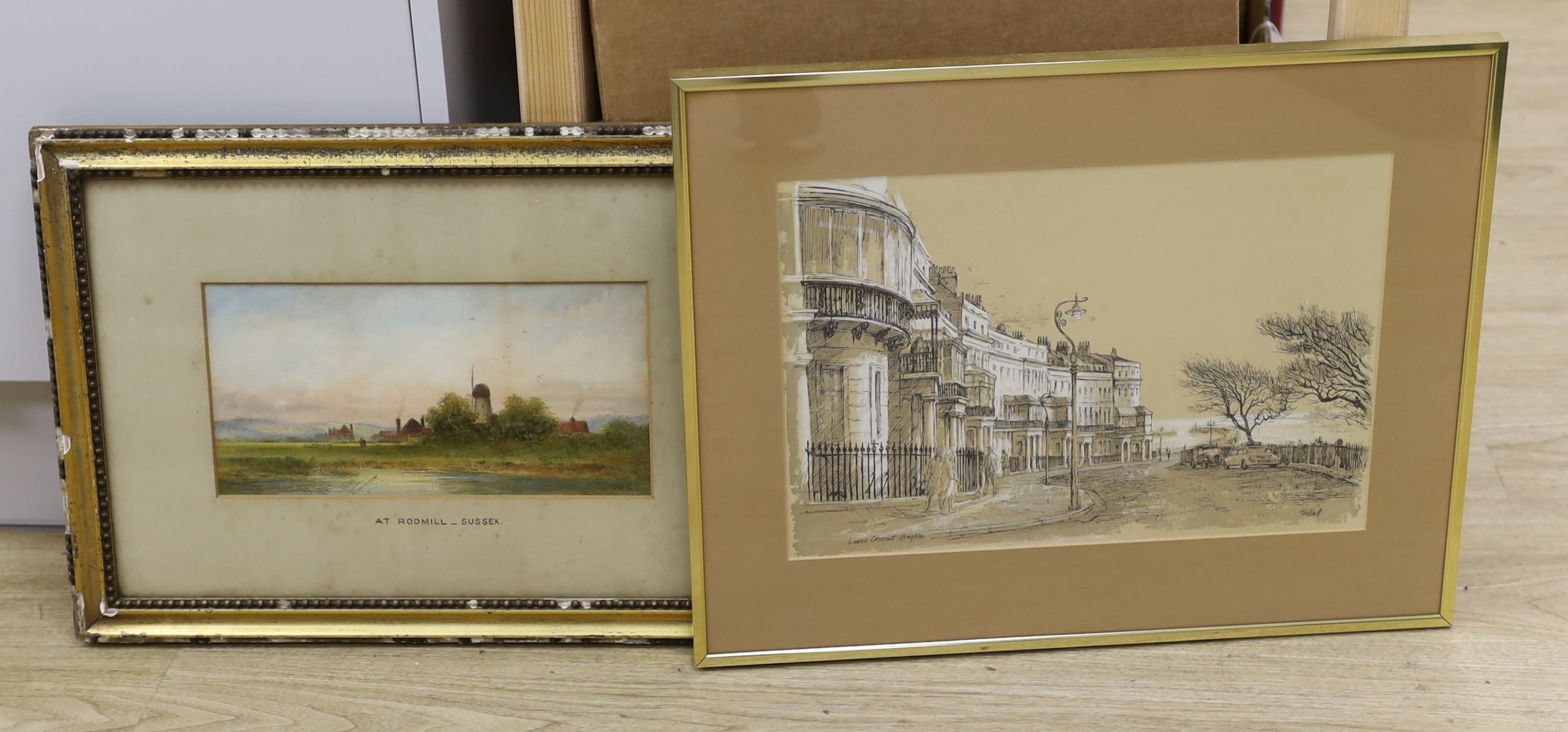 Edward B. Lait, watercolour, 'At Rodmell, Sussex', signed, 15 x 29cm and a print of 'Lewes Crescent, Brighton', by Harry Toothill, signed in pencil, 26 x 38cm